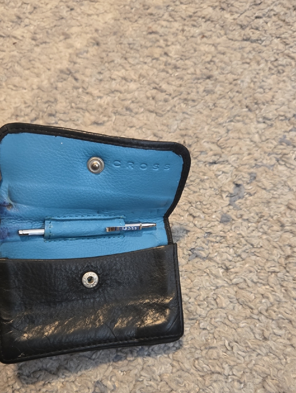 Cross Black Leather Card Case Wallet with Mini Pen – Blue Contrast Perforated De